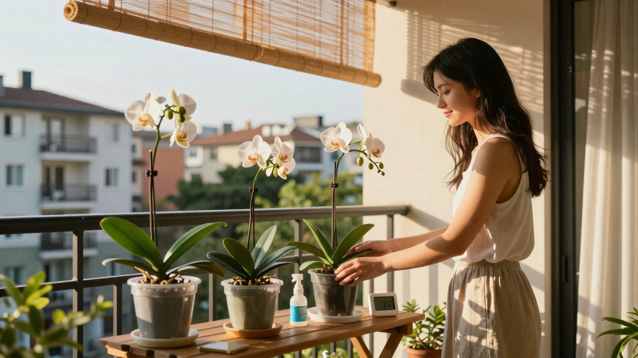 Mulher cuida de orquídeas em varanda ensolarada com plantas e prédios ao fundo.