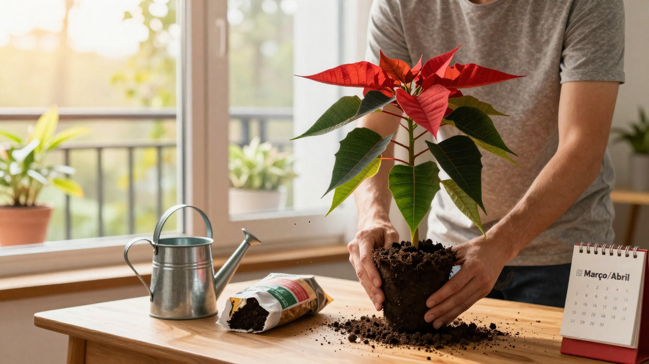 Pessoa transplantando planta florescente em vaso sobre mesa com regador, terra e calendário Março/Abril.