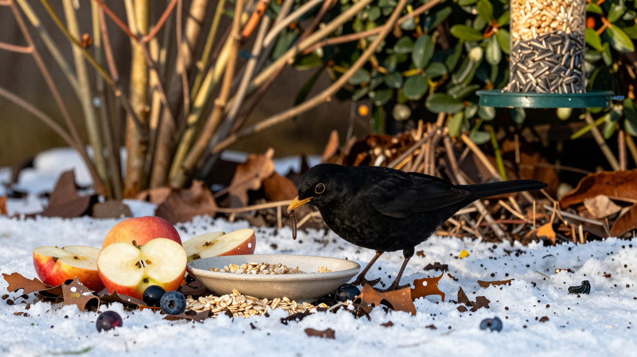 Pássaro preto com bico amarelo comendo sementes na neve próximo a maçãs cortadas e mirtilos.