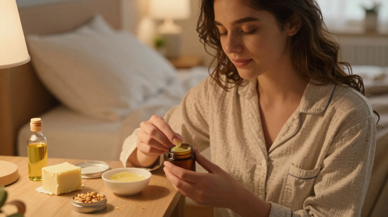 Mulher em pijama preparando máscara facial caseira com ingredientes naturais em frascos sobre mesa.