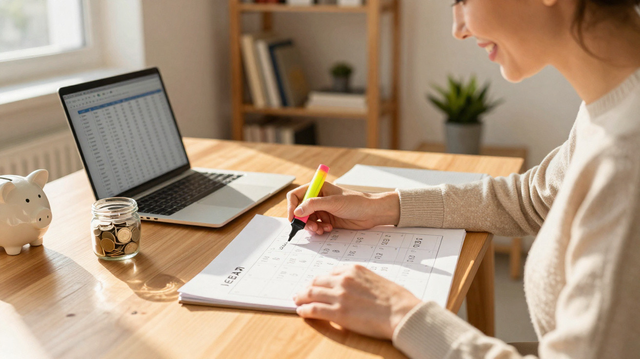 Mulher destaca datas em calendário com marcador amarelo em mesa com laptop, cofrinho e pote de moedas.