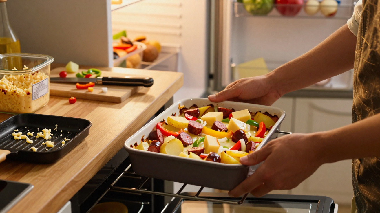 Pessoa segurando assadeira com legumes e linguiça para colocar no forno elétrico aberto.