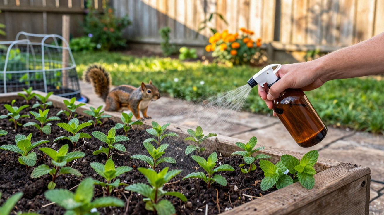 Mão borrifando água em plantas verdes cultivadas em canteiro de madeira no jardim, com esquilo ao fundo.