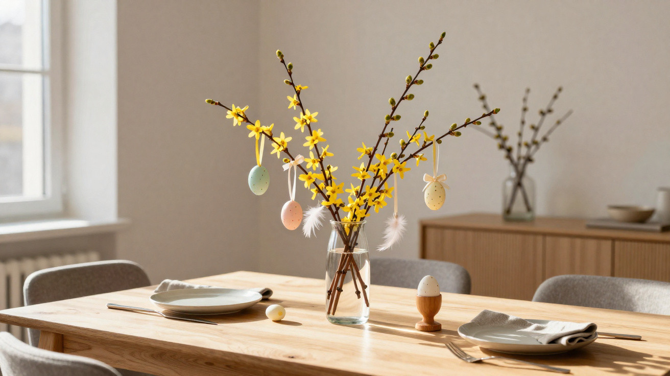 Mesa de madeira com arranjo de galhos floridos amarelos, ovos decorativos e pratos em ambiente iluminado.