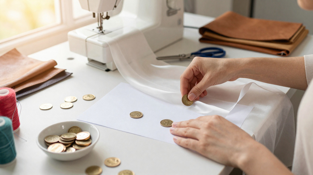 Pessoa colocando moedas sobre tecido branco próximo a máquina de costura e rolos de linha colorida.