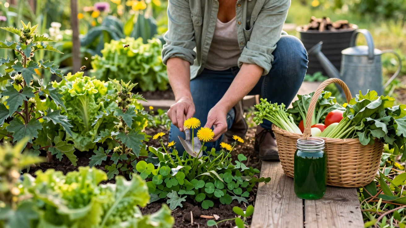 Pessoa colhendo flores amarelas em horta com vegetais frescos e suco verde ao lado.