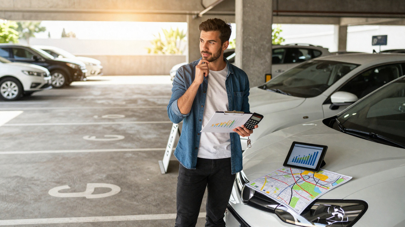 Homem pensa enquanto segura calculadora e prancheta em estacionamento com mapas e tablet sobre carro branco.
