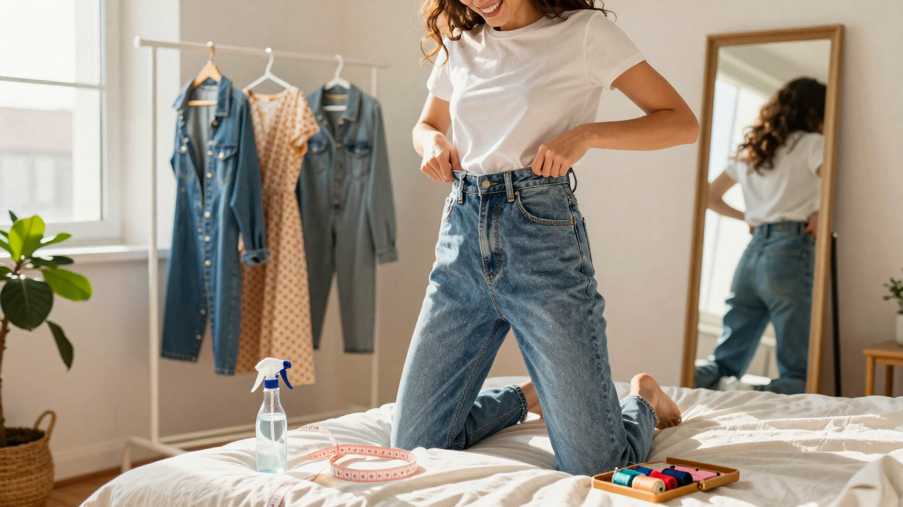 Mulher ajustando calça jeans em quarto com roupas penduradas e materiais de costura sobre a cama.