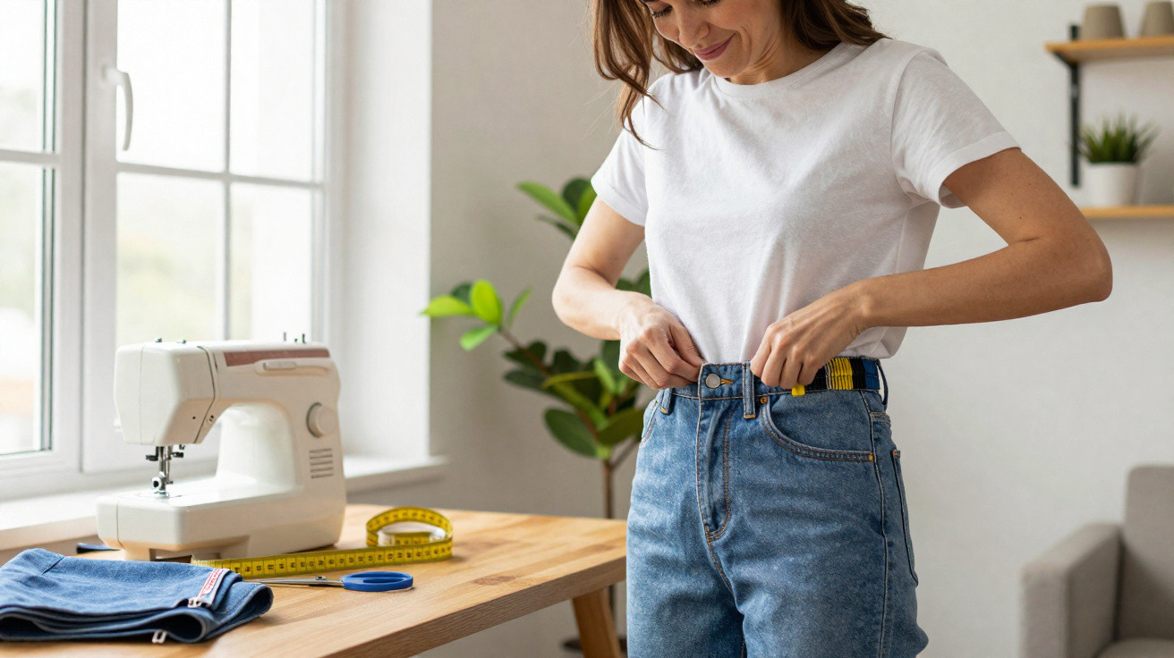 Mulher vestindo calça jeans e camiseta branca, ajustando o bolso na sala com máquina de costura e fita métrica.