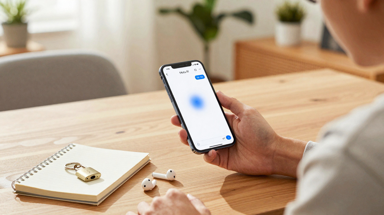 Pessoa segurando celular com aplicativo aberto, ao lado de caderno com cadeado e fones sem fio sobre mesa de madeira.