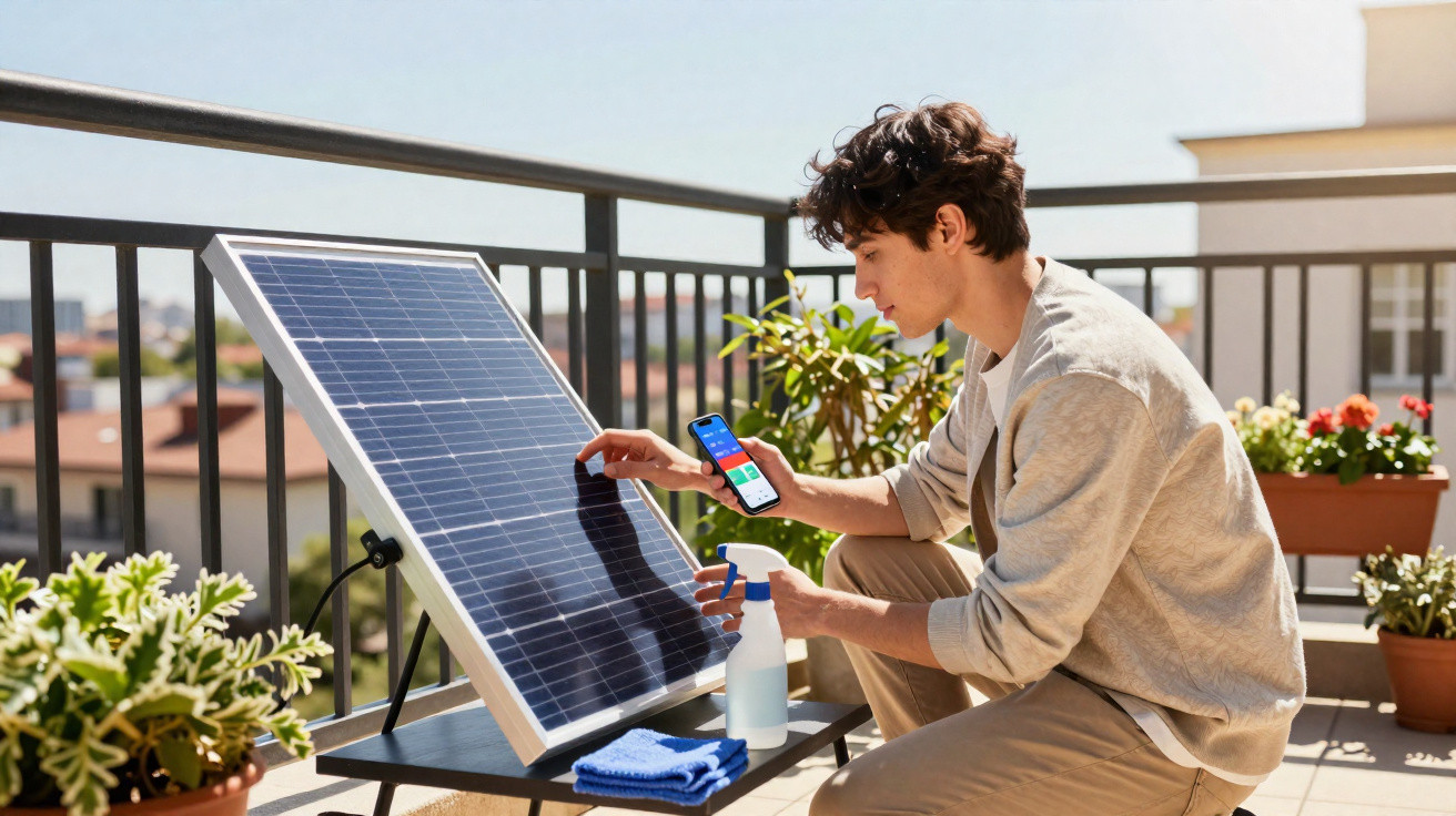 Jovem limpa painel solar na varanda usando spray e celular para monitorar energia solar.