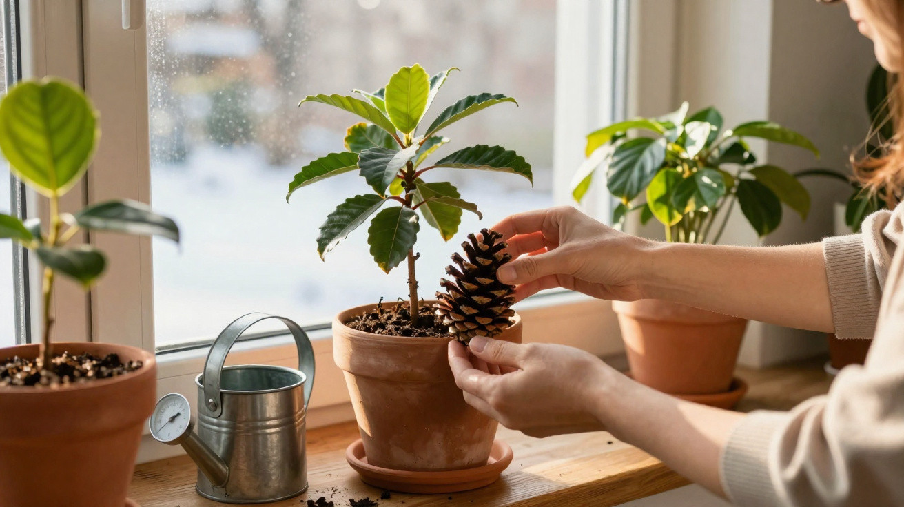 Pessoa cuidando de plantas em vasos perto da janela, segurando uma pinha próxima ao vaso.