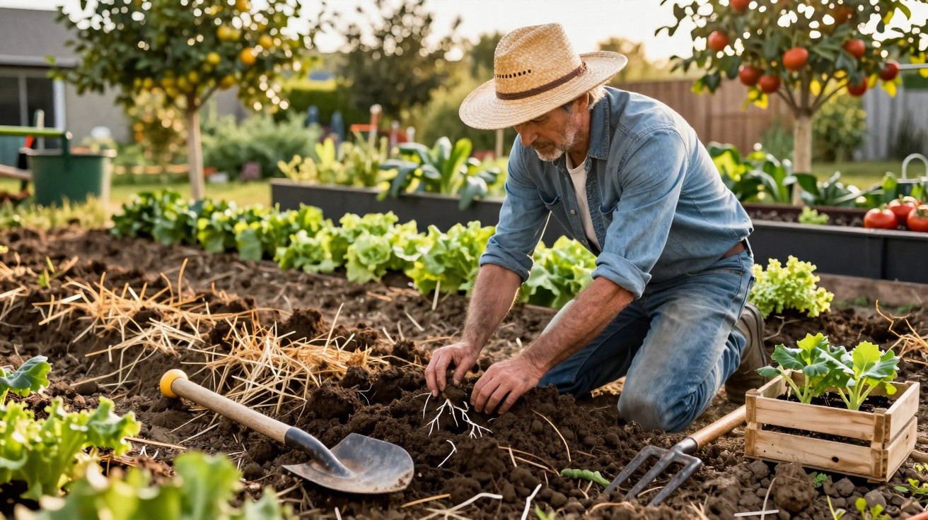 Homem com chapéu plantando mudas em horta caseira com ferramentas e hortaliças ao redor.