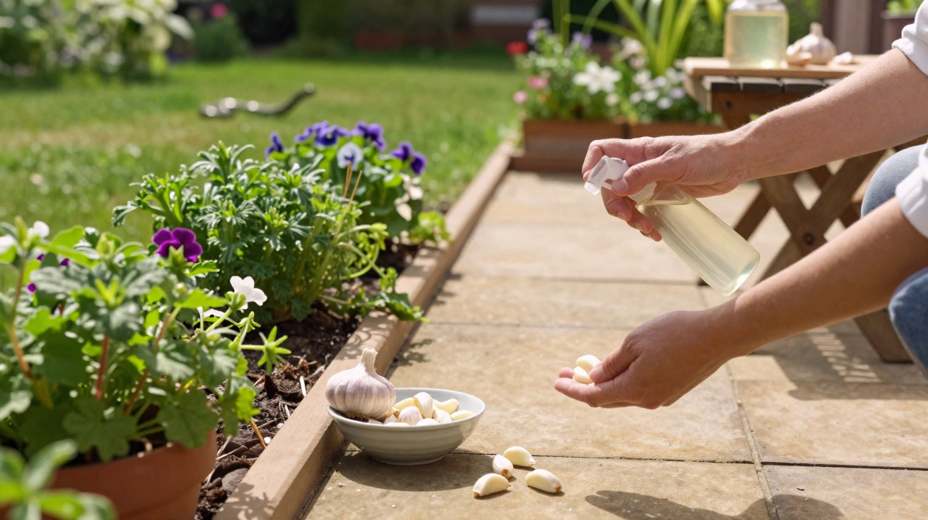 Pessoa borrifando alho em lascas para jardinagem ao lado de flores em vaso e canteiro.