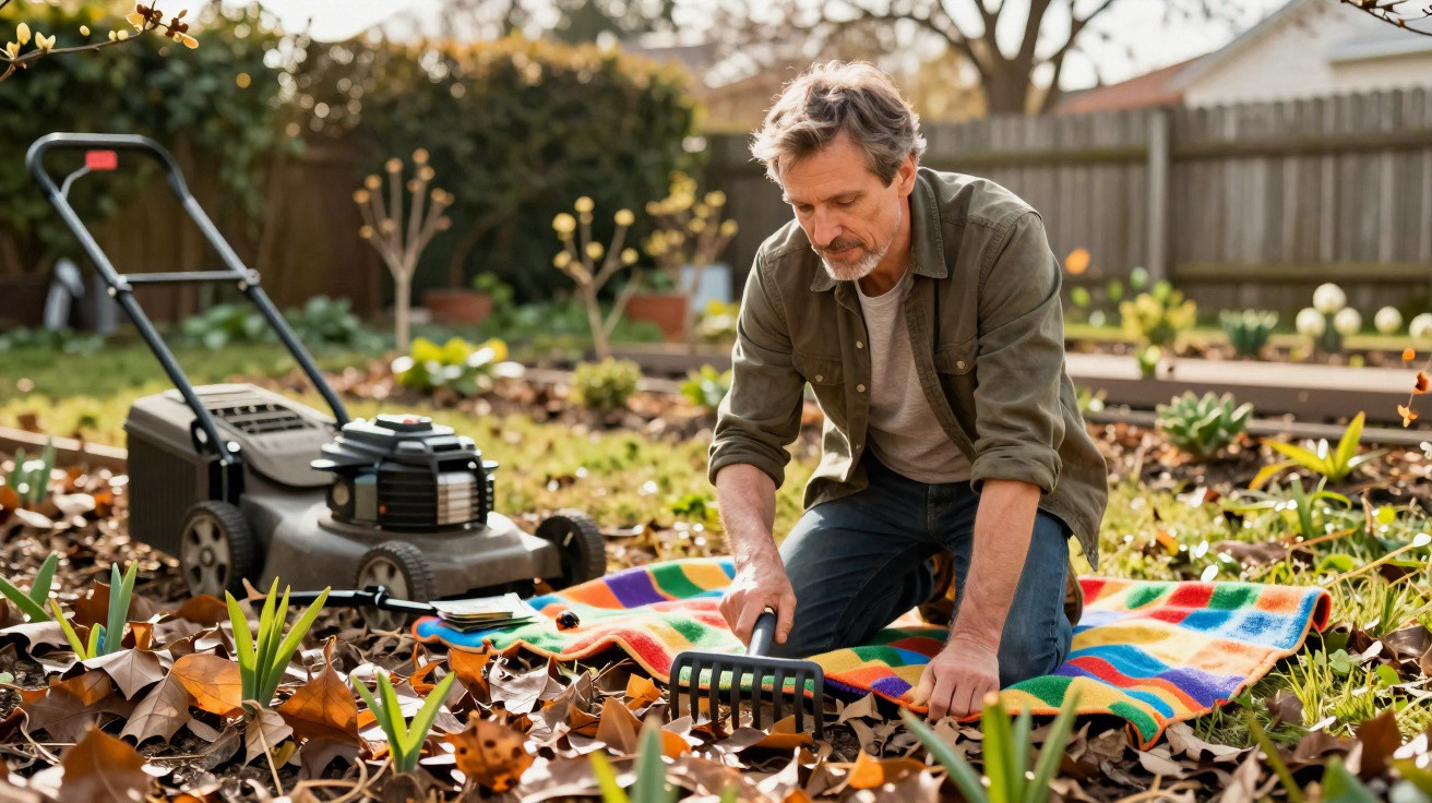 Homem adulto usando ancinho pequeno para limpar folhas secas em jardim ensolarado, com cortador de grama ao fundo.