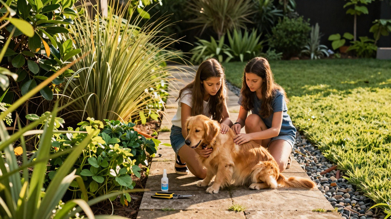Duas meninas cuidando de um cachorro dourado no jardim, com ferramentas e escova ao lado.