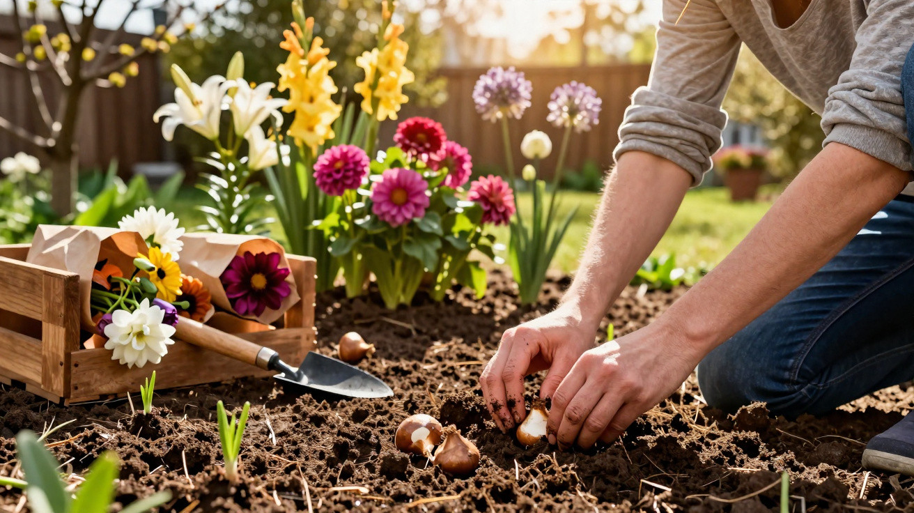 Pessoa plantando bulbos de flores coloridas em jardim ensolarado próximo a caixa de flores e pá de jardineiro.
