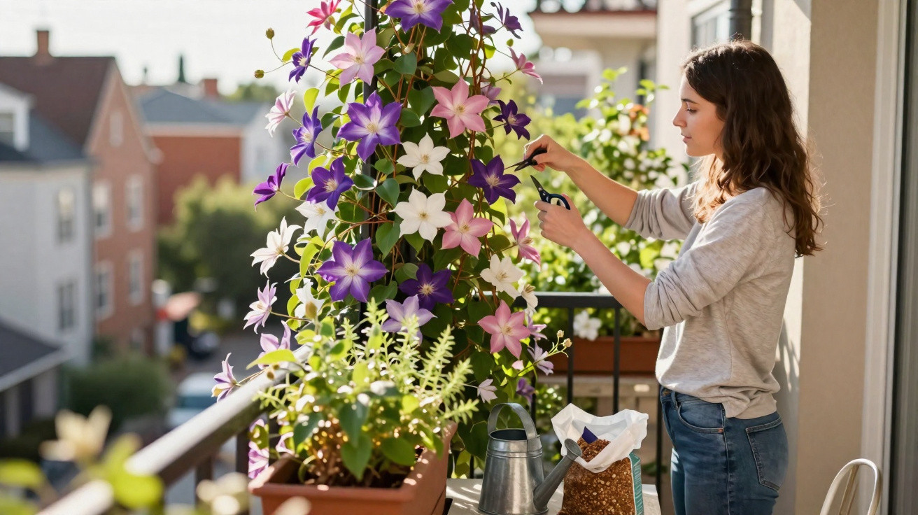 Mulher cuidando de flores roxas, brancas e rosas em varanda iluminada pelo sol.