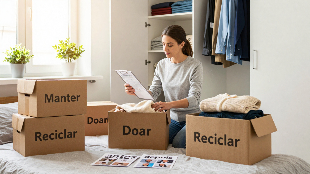 Mulher organizando doações em caixas de papelão rotuladas como Manter, Doar e Reciclar em um quarto claro.