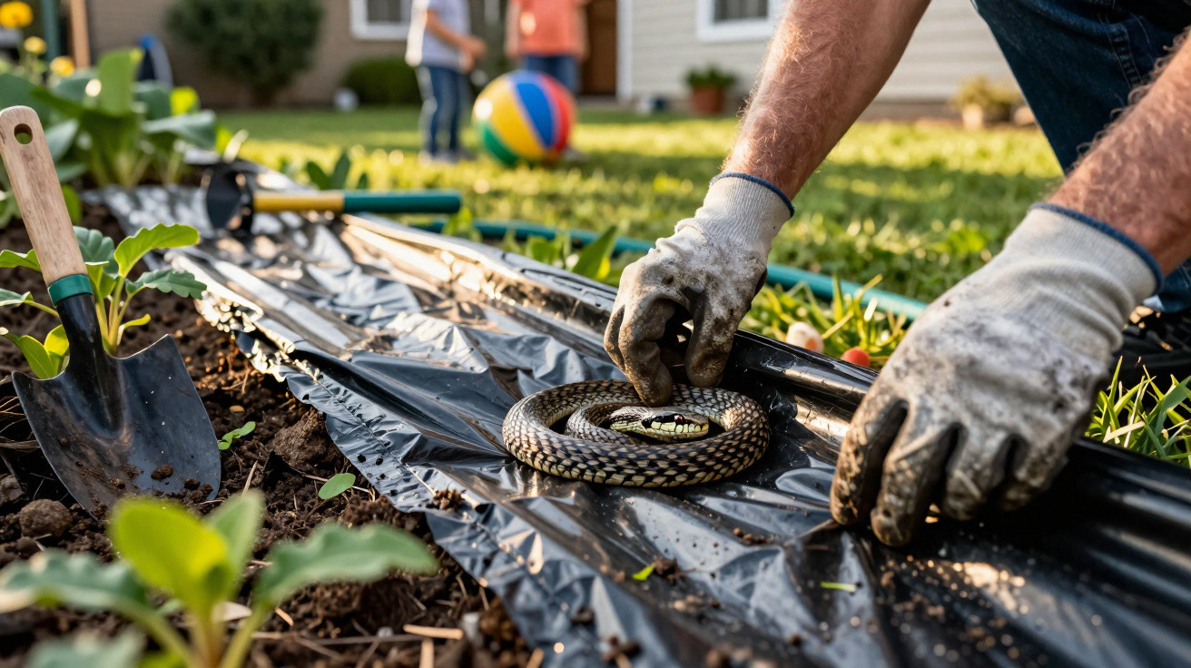 Pessoa com luvas removendo cobra enrolada em plástico preto em jardim com mudas e ferramentas.
