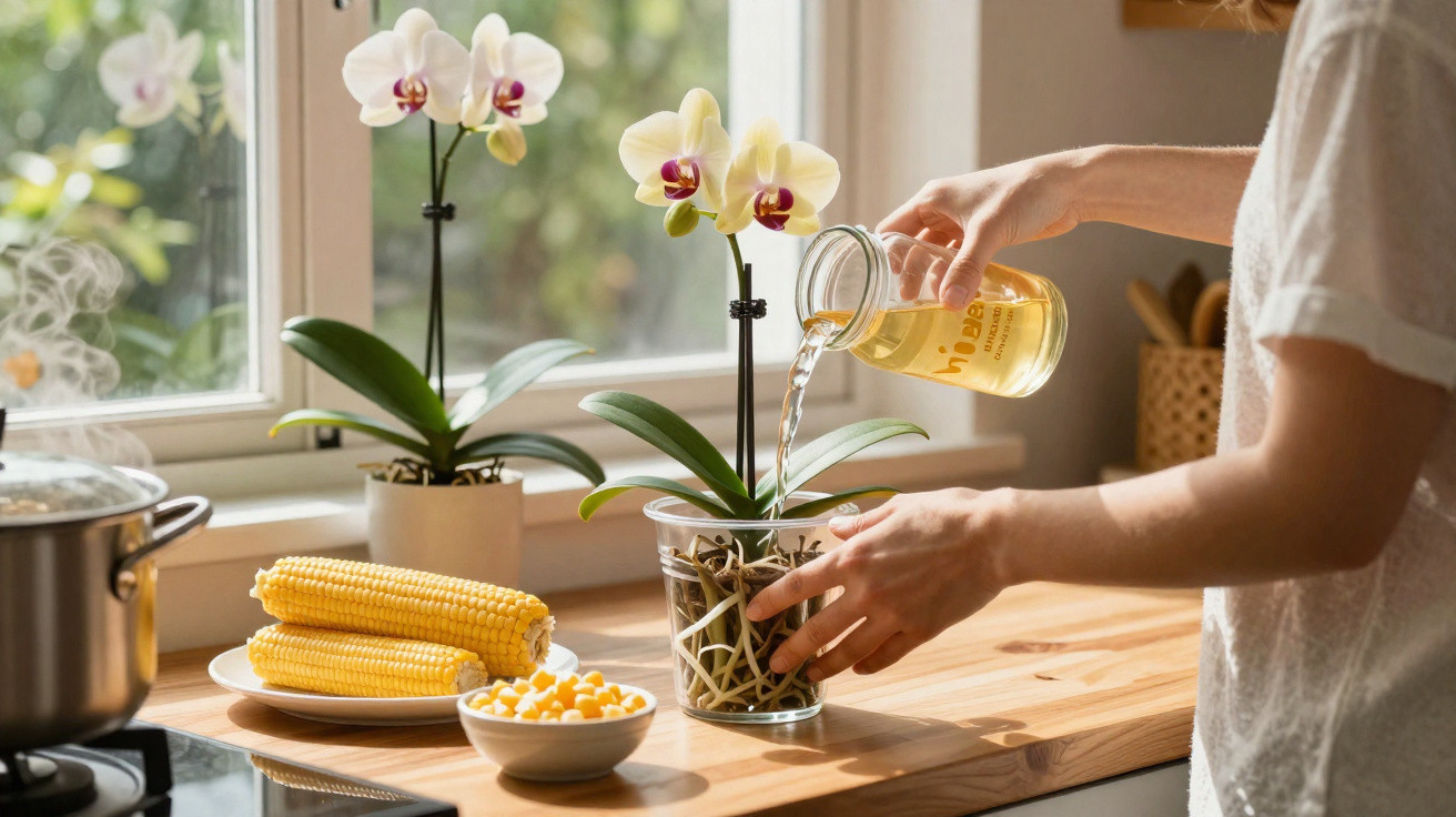 Pessoa regando orquídea amarela em vaso transparente em cozinha com milho e janela ao fundo.