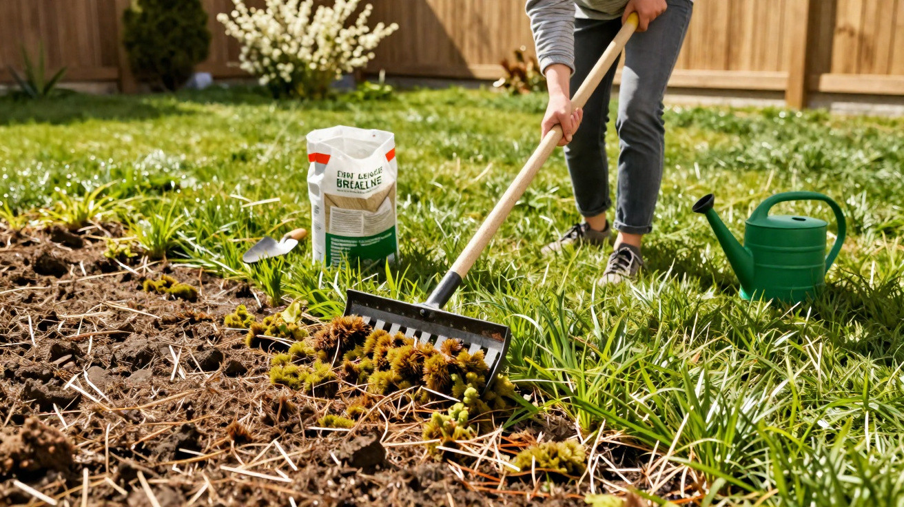 Pessoa usando ancinho para limpar terreno com plantas e saco de fertilizante ao fundo em jardim ensolarado.
