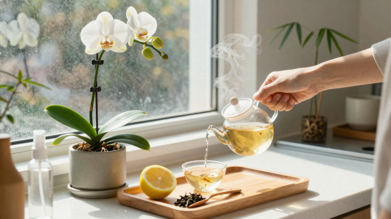 Pessoa servindo chá quente em xícara de vidro, com orquídea branca e limão em bandeja de madeira.