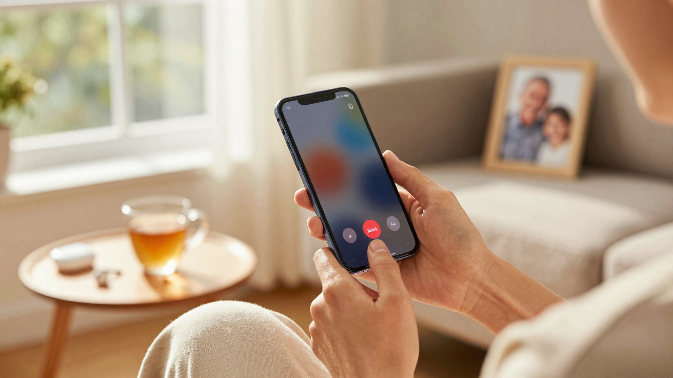 Pessoa segurando smartphone com chamada ativa em ambiente acolhedor, com xícara de chá e foto ao fundo.