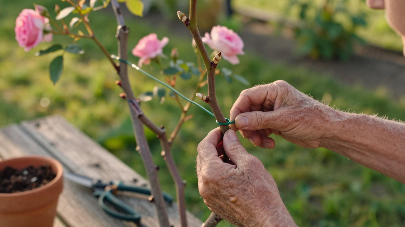 Mãos de idoso amarrando flor rosa em suporte de jardim ao ar livre em dia ensolarado.