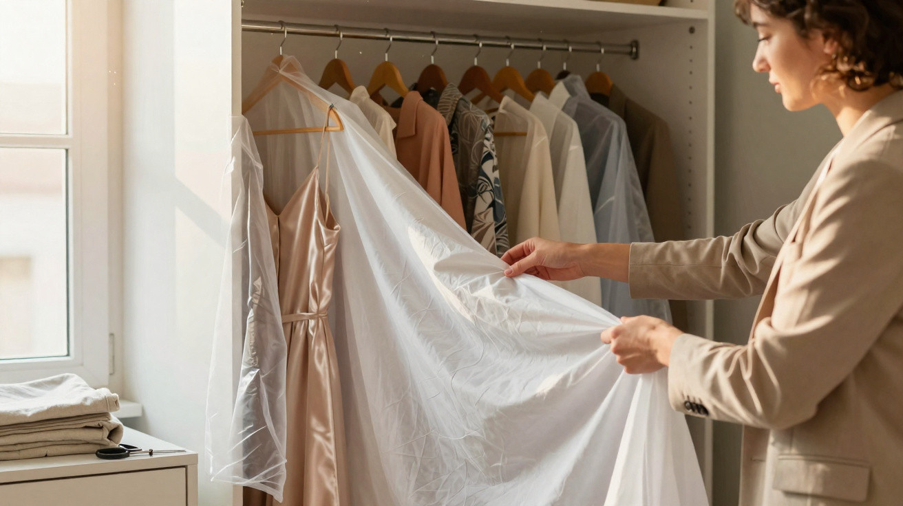 Mulher organizando roupas em cabide dentro de guarda-roupa claro com luz natural.