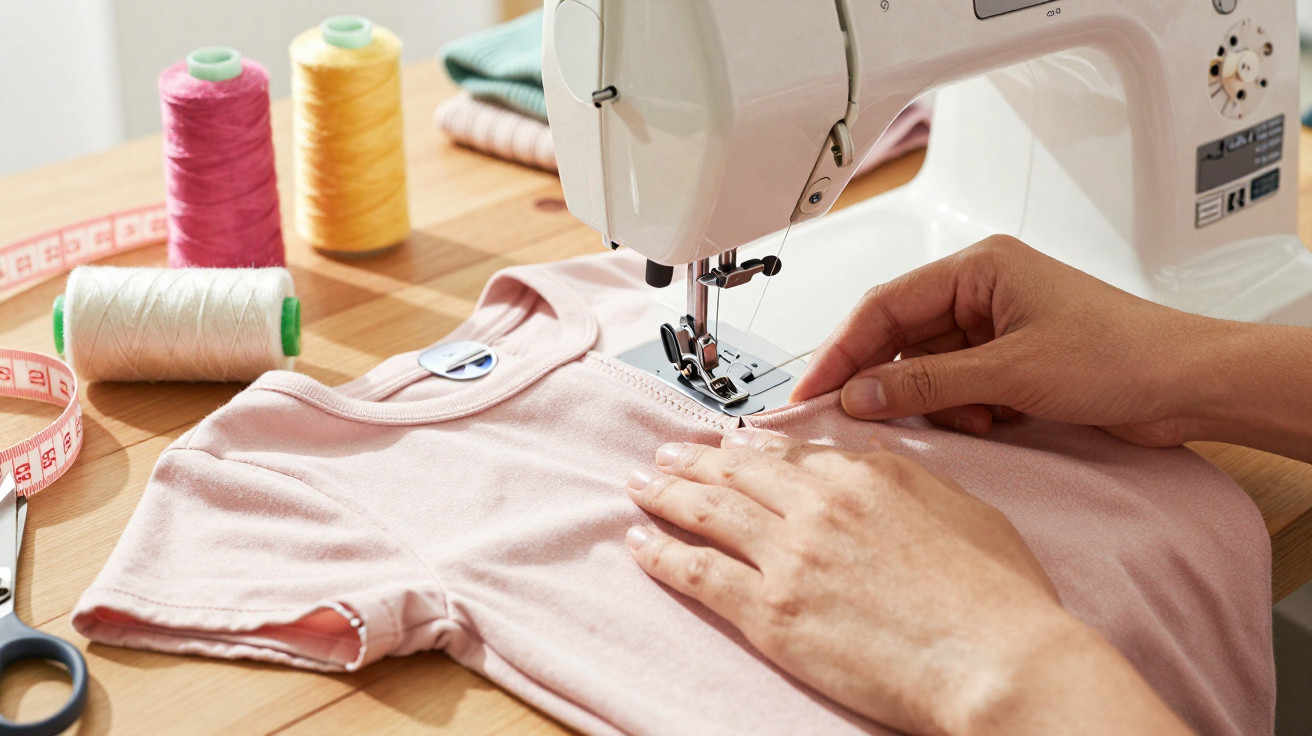 Máquina de costura sobre mesa costurando camiseta rosa com rolos de linha colorida ao fundo.