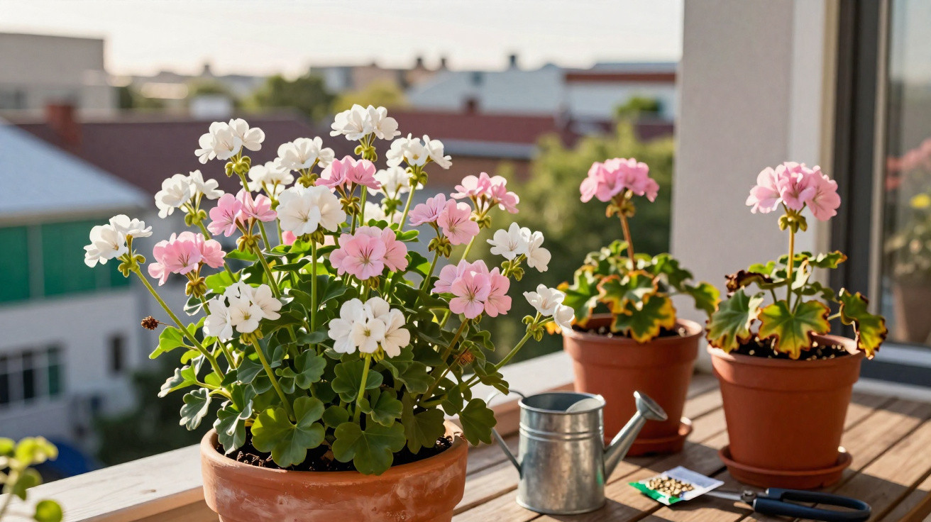 Vasos de flores brancas e rosas em varanda com regador, sementes e tesoura sobre mesa de madeira.