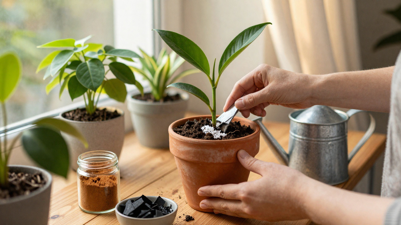 Pessoa aplicando fertilizante em muda de planta em vaso de barro próximo à janela iluminada.