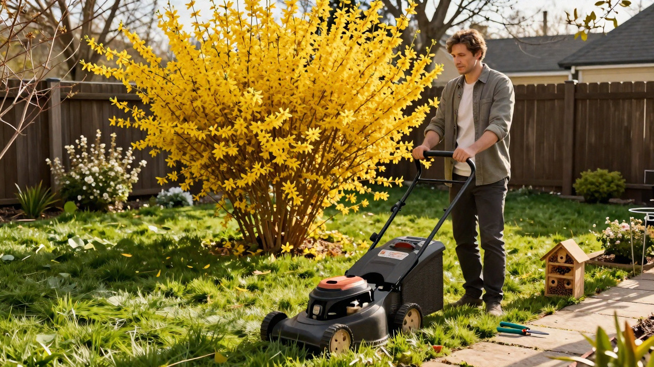 Homem cortando grama com cortador em jardim ensolarado perto de arbusto florido amarelo.