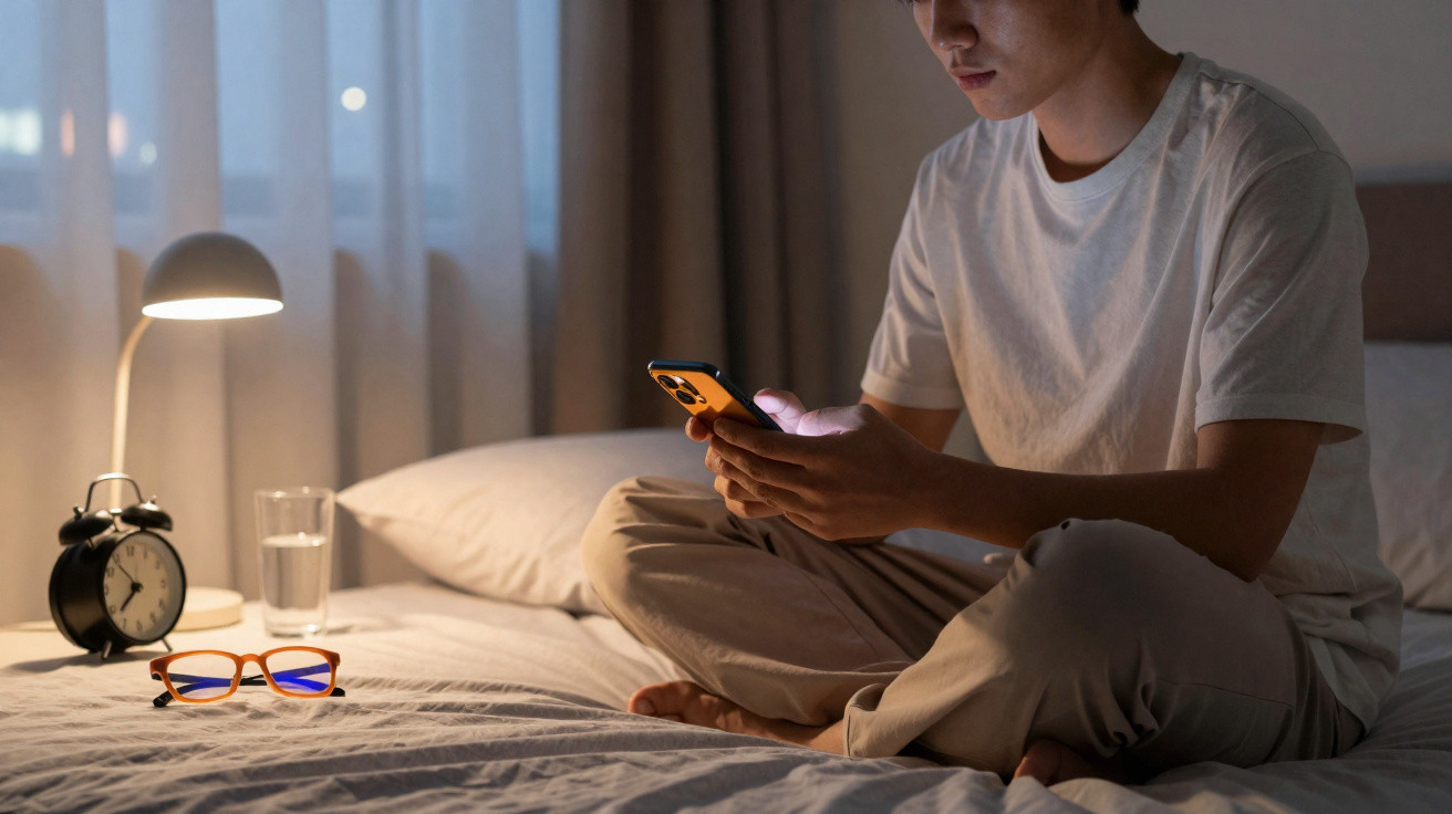 Jovem sentado na cama à noite olhando para o celular, com abajur, relógio e óculos na mesa ao lado.
