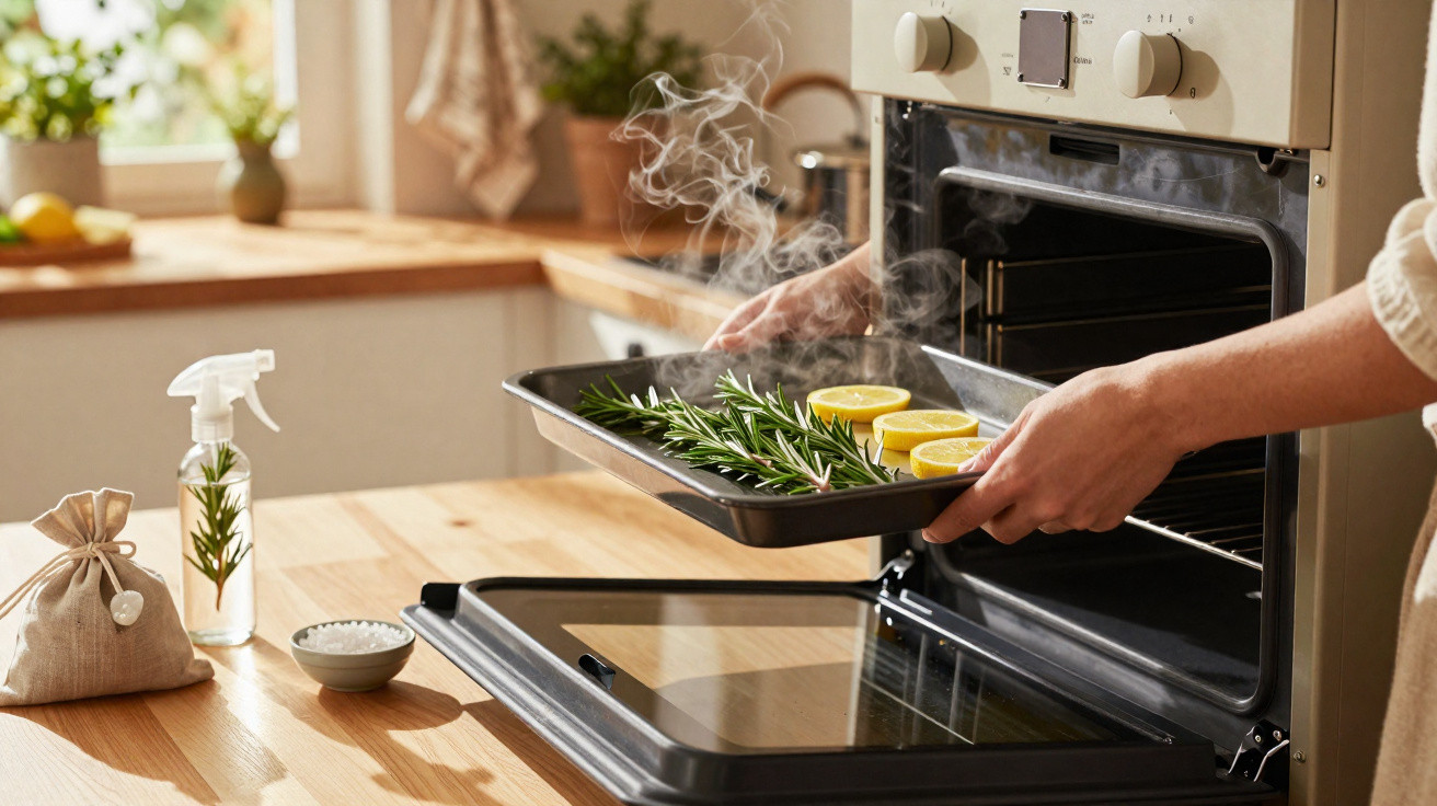 Mãos retirando assadeira com limões e alecrim de forno quente em cozinha clara e organizada.