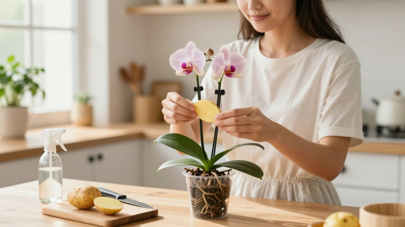 Mulher cuidando de orquídea com batata na cozinha iluminada e organizada.