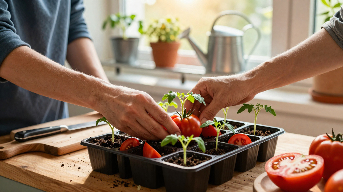 Duas pessoas cuidando de mudas de tomate em bandeja preta sobre mesa de madeira próxima à janela.