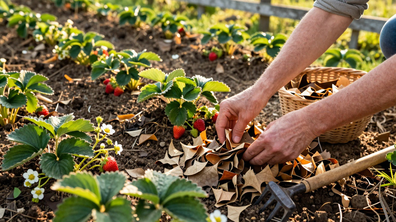 Mãos de pessoa cuidando de plantas de morango, colocando folhas secas no solo em jardim ao ar livre.