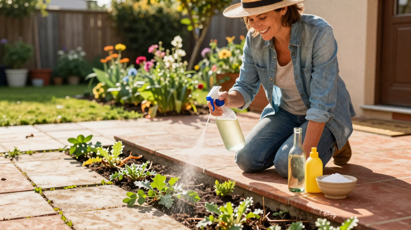 Mulher com chapéu regando plantas em vaso no jardim ao ar livre em dia ensolarado.