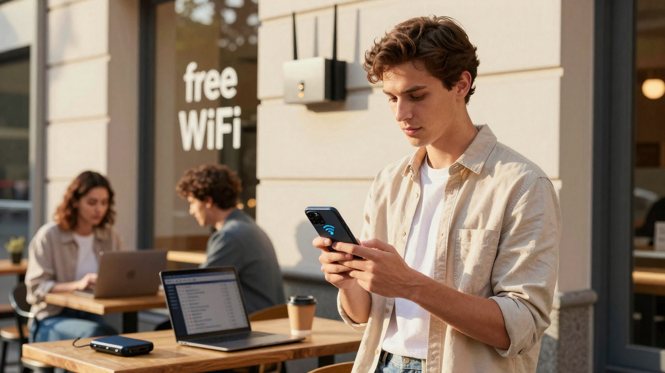 Jovem usando celular conectado a Wi-Fi grátis em área externa de cafeteria com pessoas ao fundo trabalhando em laptops.