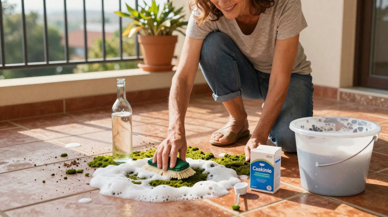 Mulher limpando mofo verde do chão com escova, balde, produto e garrafa em varanda ensolarada.