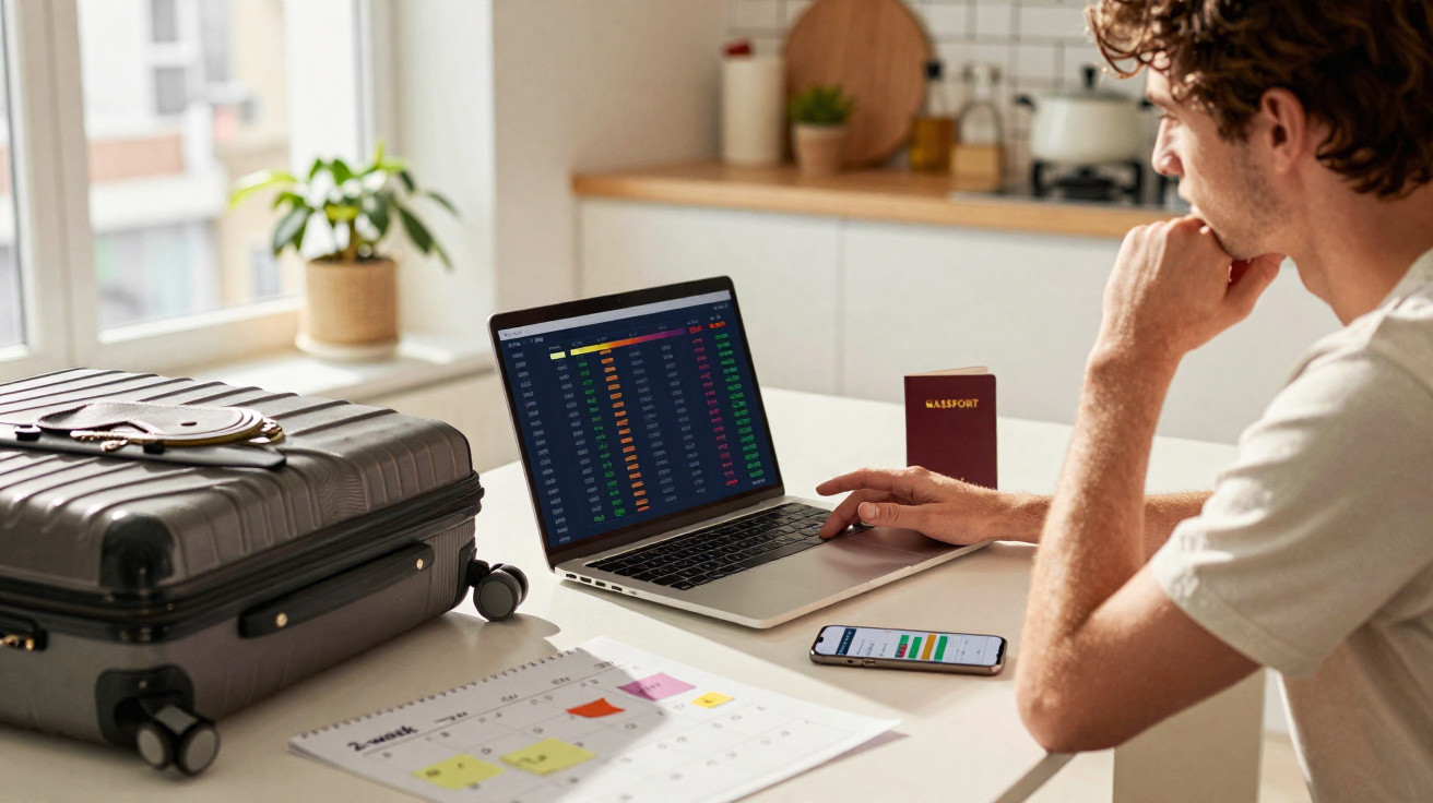 Homem analisando gráficos financeiros no laptop com calendário e mala ao lado em ambiente doméstico.