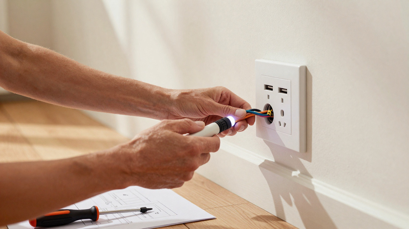 Pessoa instalando tomada elétrica com fios expostos na parede branca, com planta baixa no chão.