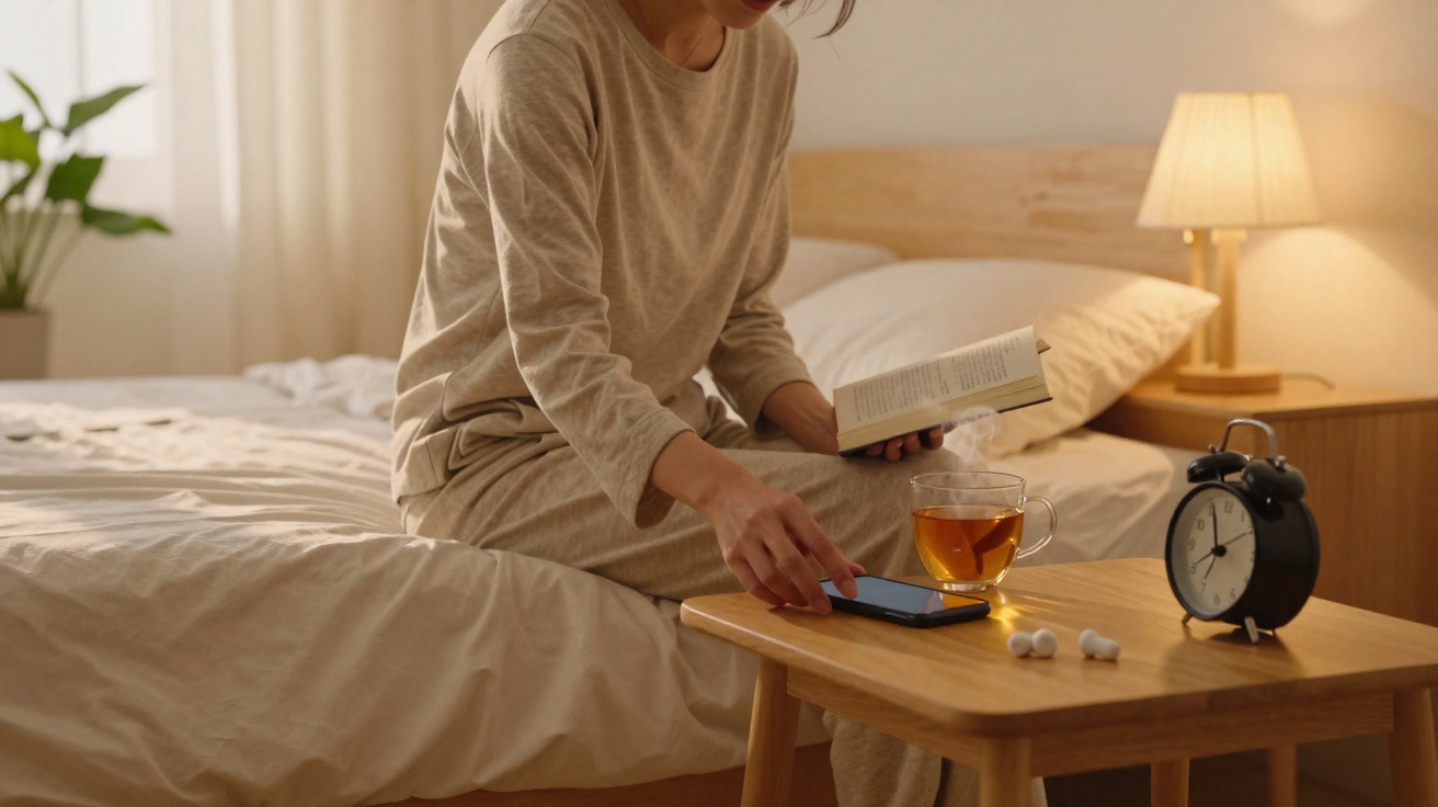 Pessoa sentada na cama, lendo livro, usando celular, com chá e despertador na mesinha ao lado.