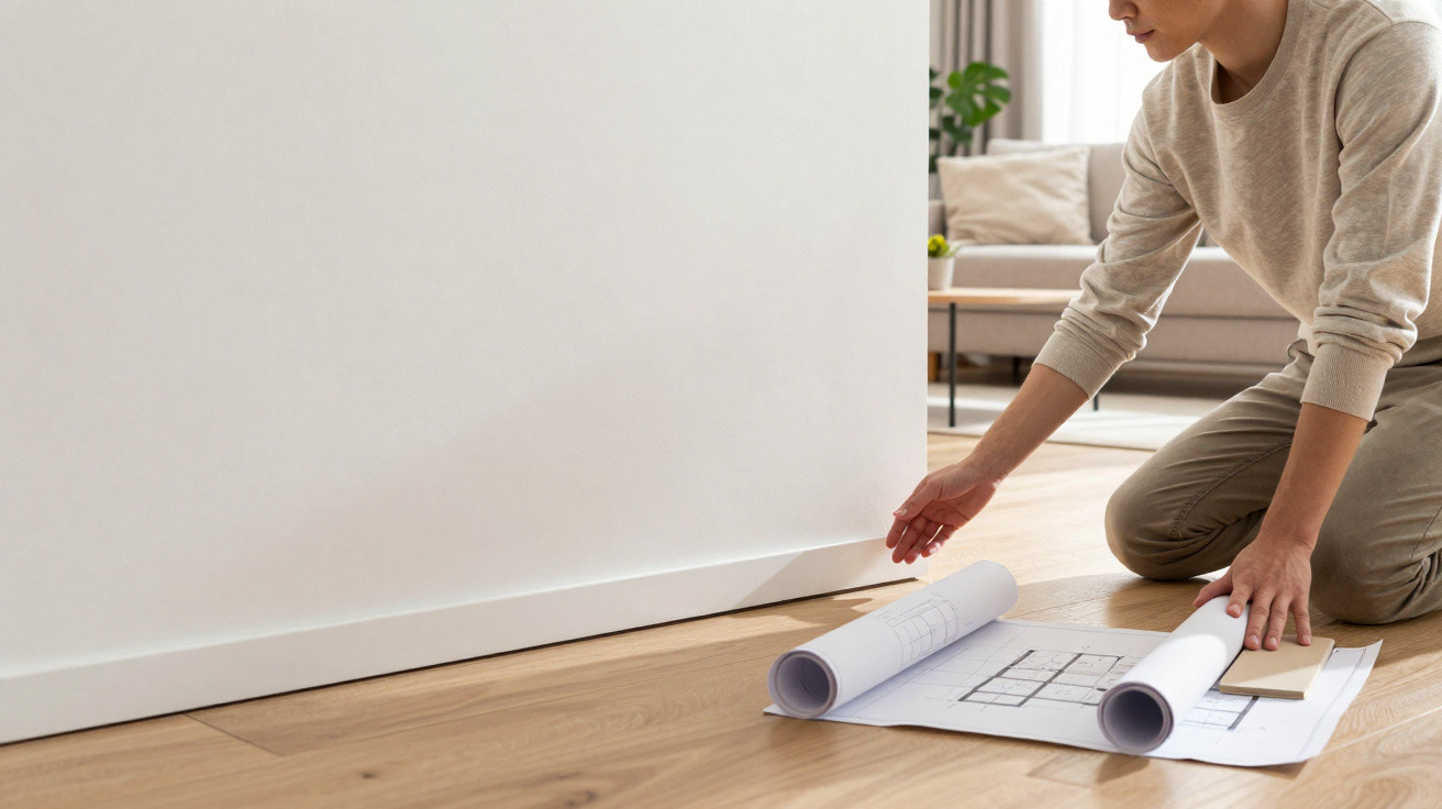 Pessoa ajoelhada no chão ajustando plantas de construção em uma sala com piso de madeira clara.