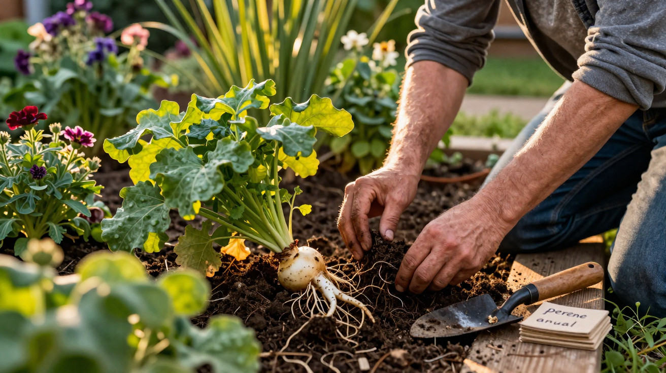 Pessoa transplantando planta raiz branca em jardim com flores coloridas e pá de jardinagem.