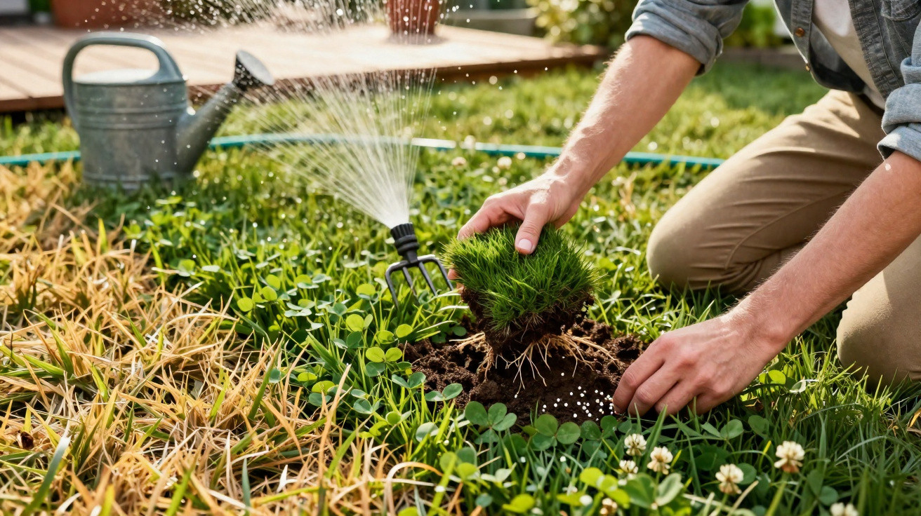 Pessoa plantando grama no jardim enquanto é regada com aspersor automático ao fundo.