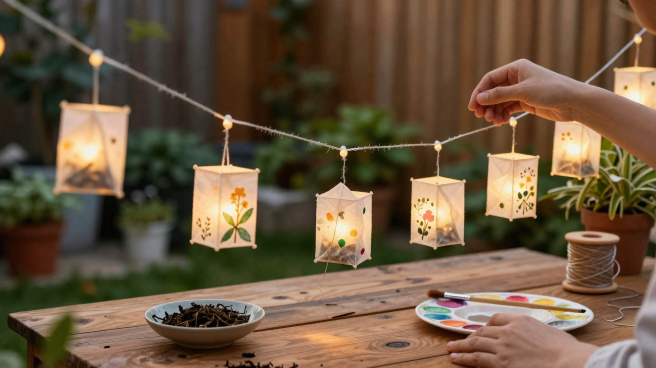 Mãos decorando lanternas de papel iluminadas e pintadas com flores, penduradas em corda sobre mesa de madeira.