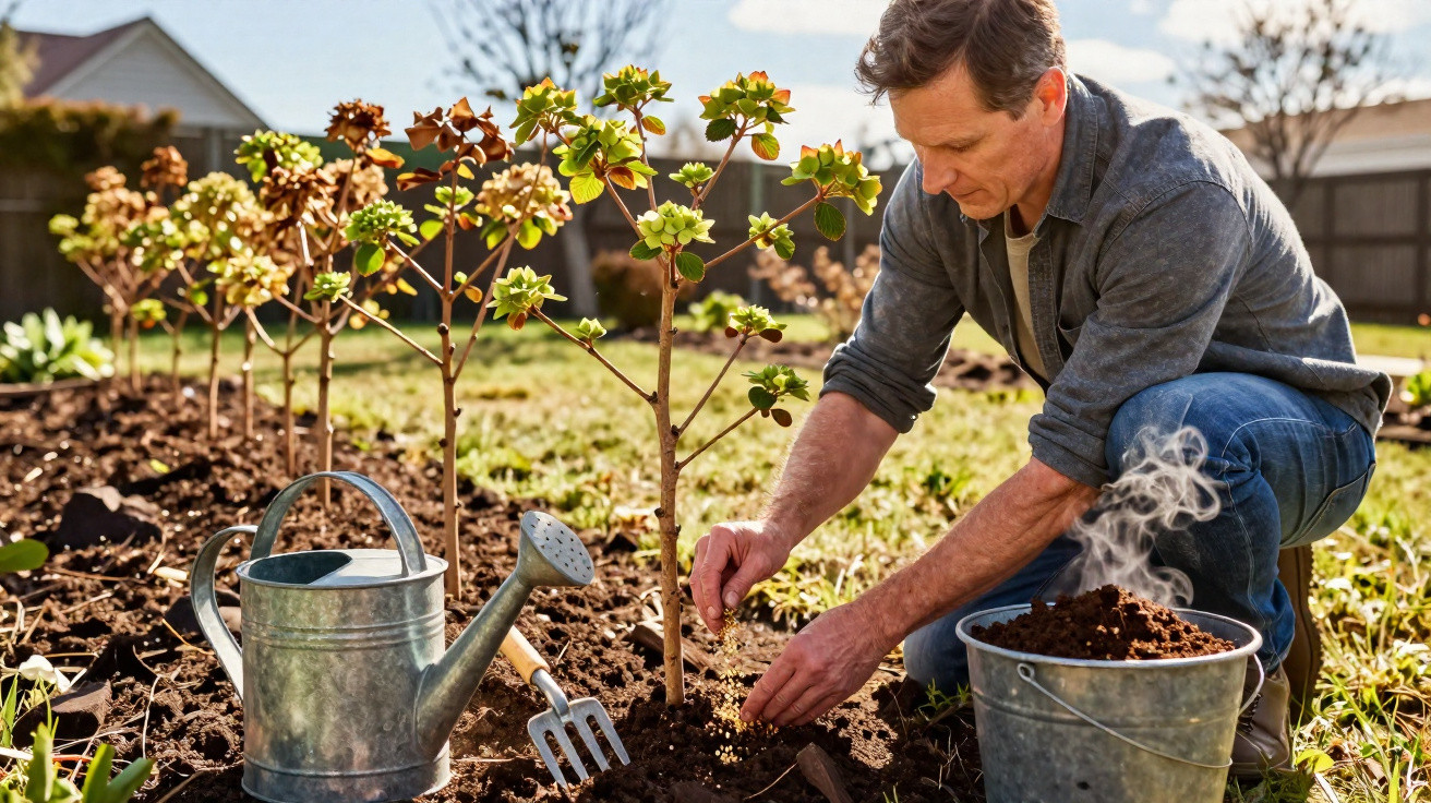 Homem cuidando de plantas em um jardim com regador e utensílios de jardinagem ao redor.